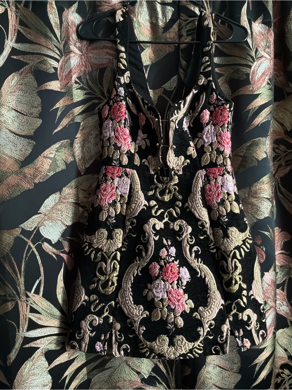 Black Floral Embroidered Halter Dress
